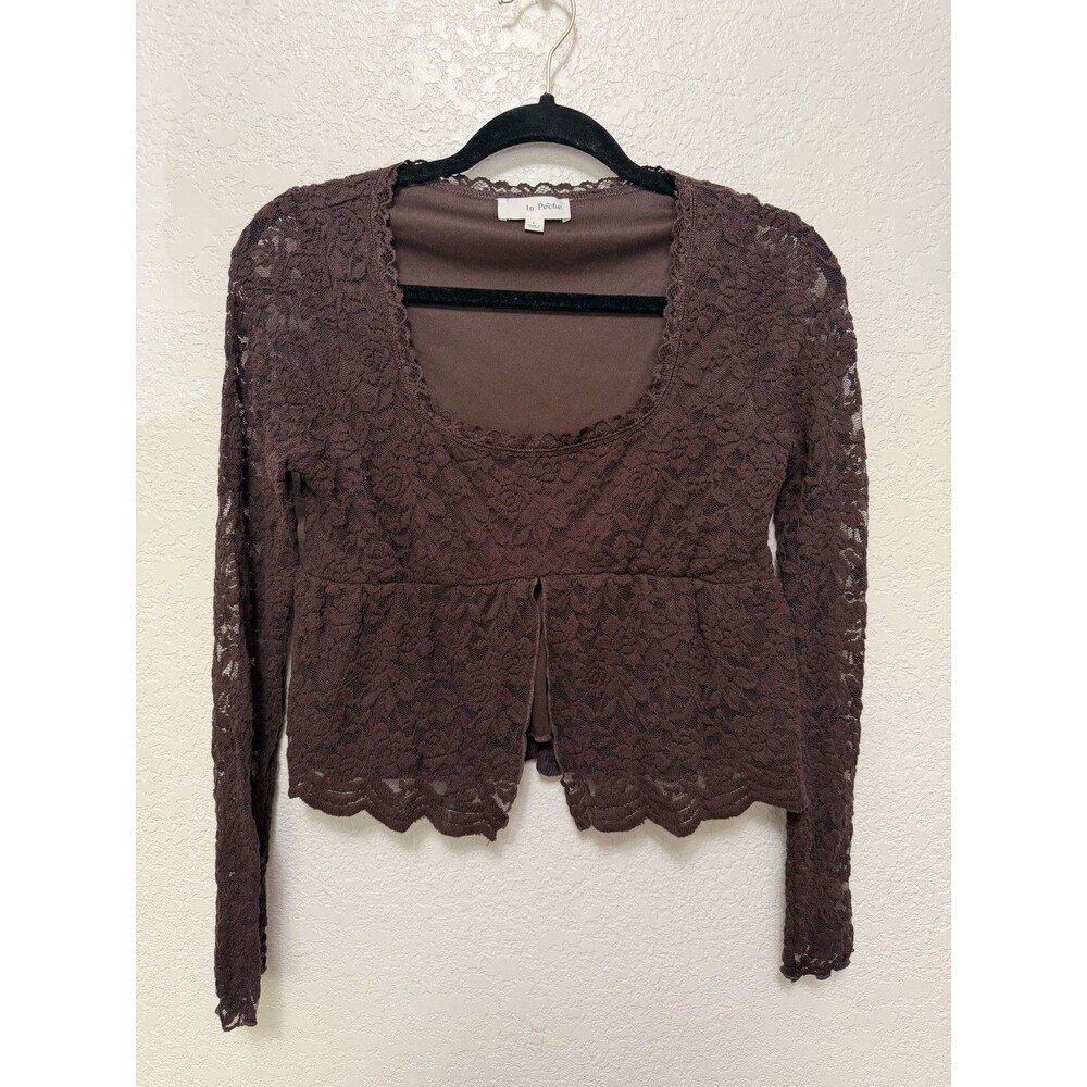 La Peche Brown Lace Long Sleeve Crop Top Sz L Going Out Sexy Square Neck